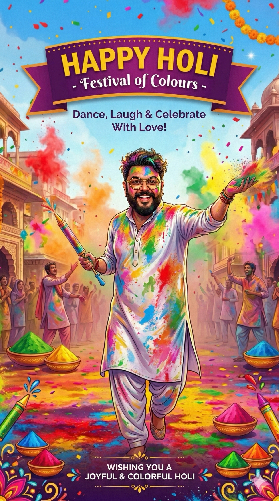 High energy Holi celebration portrait of Indian business leader celebrating Festival of Colours with motivational message-NIRAJ-CHOKSI